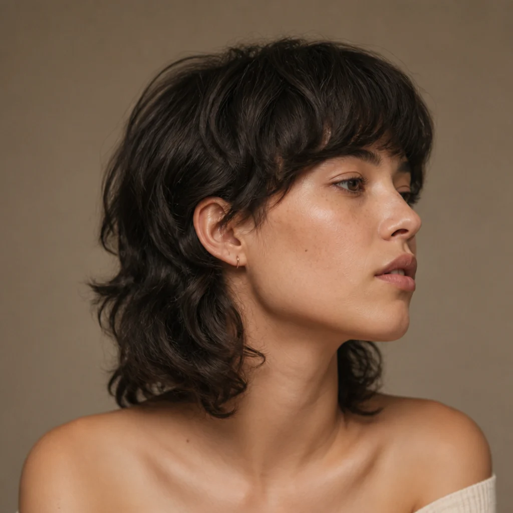 Side view of a wavy edgar cut on loose S-shaped waves with a relaxed blunt fringe sitting near the brow