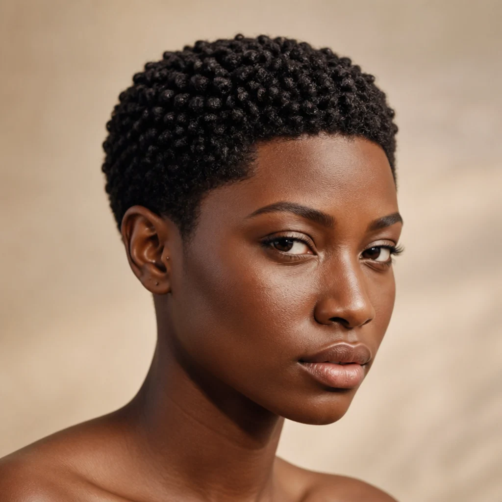 Three-quarter portrait of a short coily edgar cut with dense 4-type curls forming a sculptural top and a clean blunt front