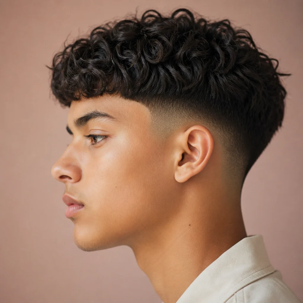 Side profile of a mid fade curly edgar with the fade starting around the temple and curls filling the top