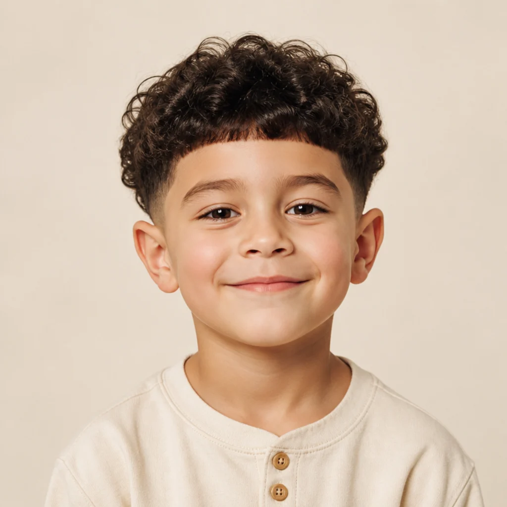 Front view of a young boy with a curly edgar cut, a soft blunt fringe, and low tapered sides
