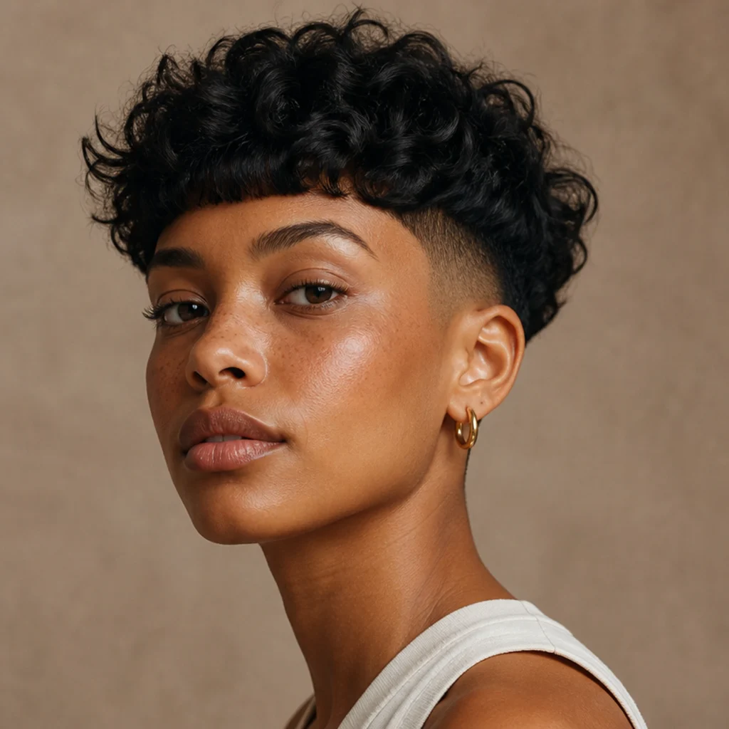 Three-quarter view of a disconnected curly edgar with a hard graphic contrast between long top curls and very short sides