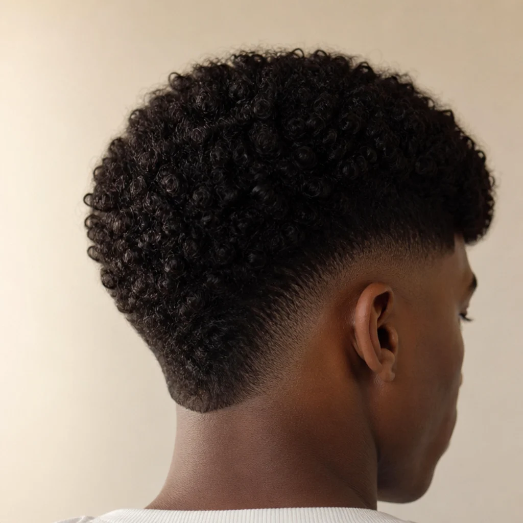 Back view of a burst fade curly edgar with the fade arcing around the ear and curls filling the top