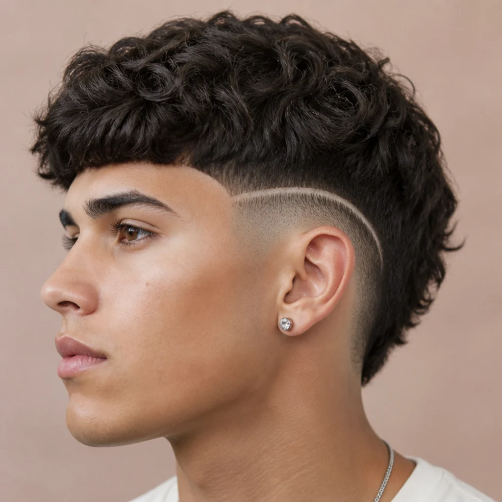 Close-up of a curly edgar cut with a single razored design part carved into the faded side