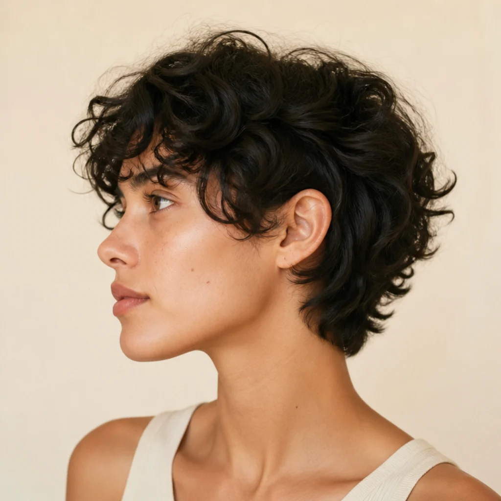 Side view of a grown-out curly edgar with softened lines, a longer fringe, and relaxed looser sides