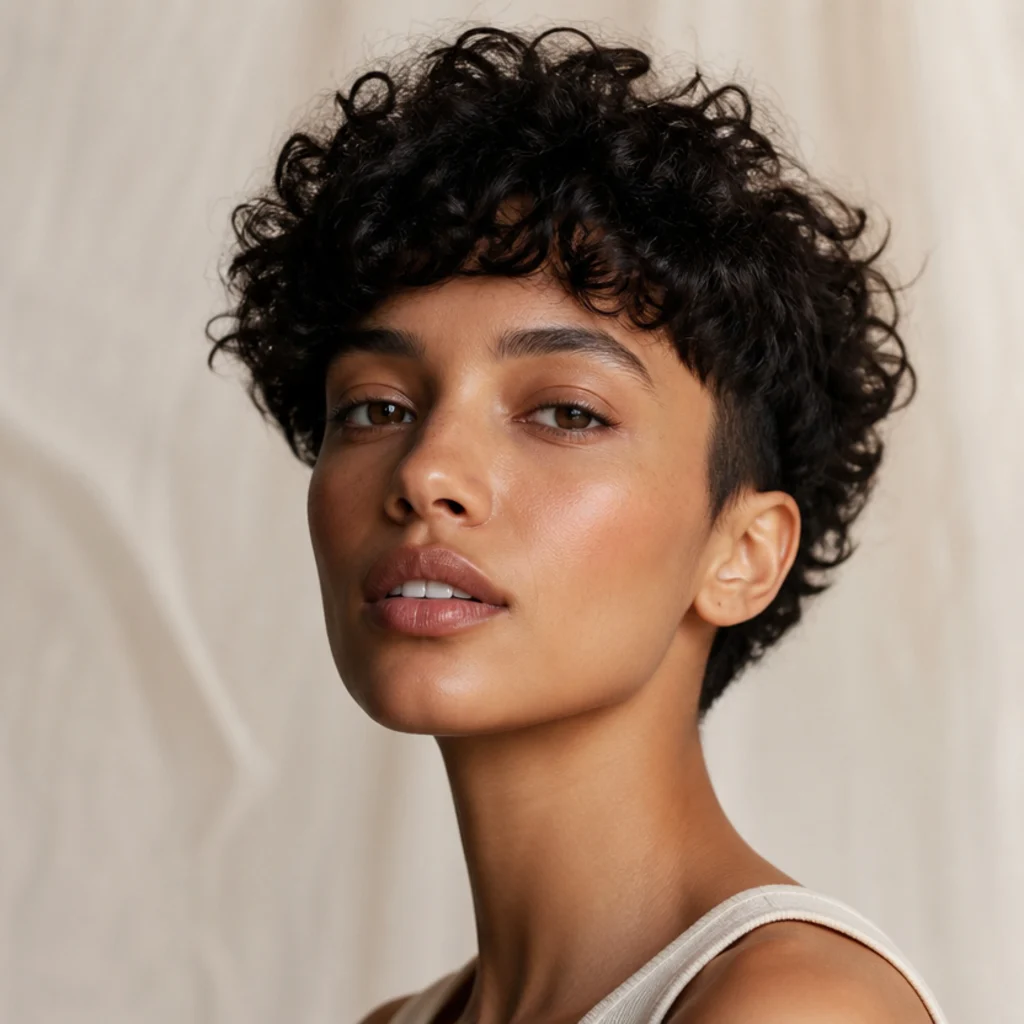 Three-quarter portrait of a curly-haired model with a textured edgar cut and blunt fringe against a warm ivory backdrop