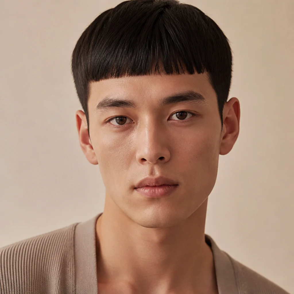 Front view of a straight-hair edgar cut with a blunt, level fringe blocked high above the natural hairline leaving a sliver of forehead visible