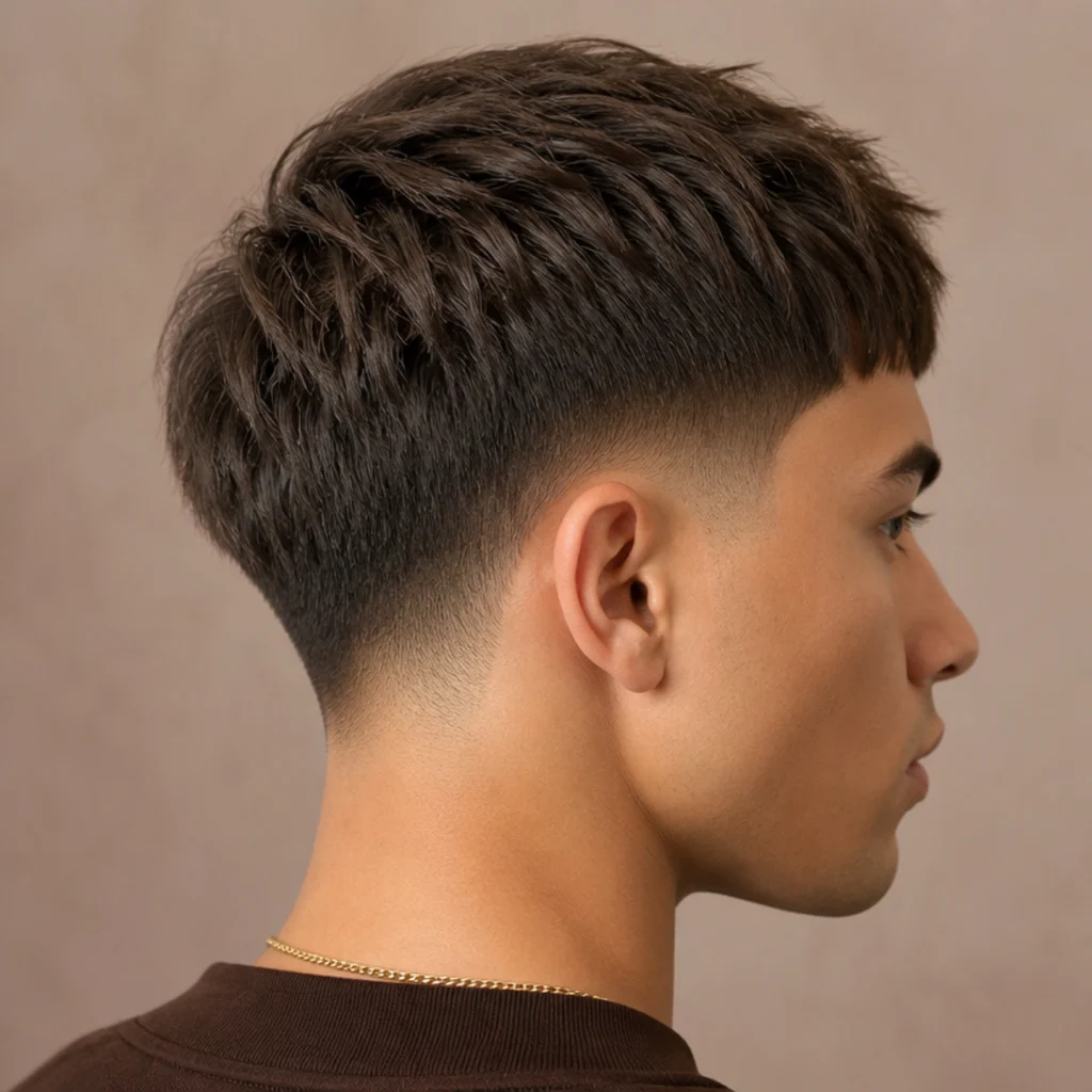 Three-quarter angle of an edgar cut taper fade blending from short sides into fuller styled length on top with weight kept around the ears
