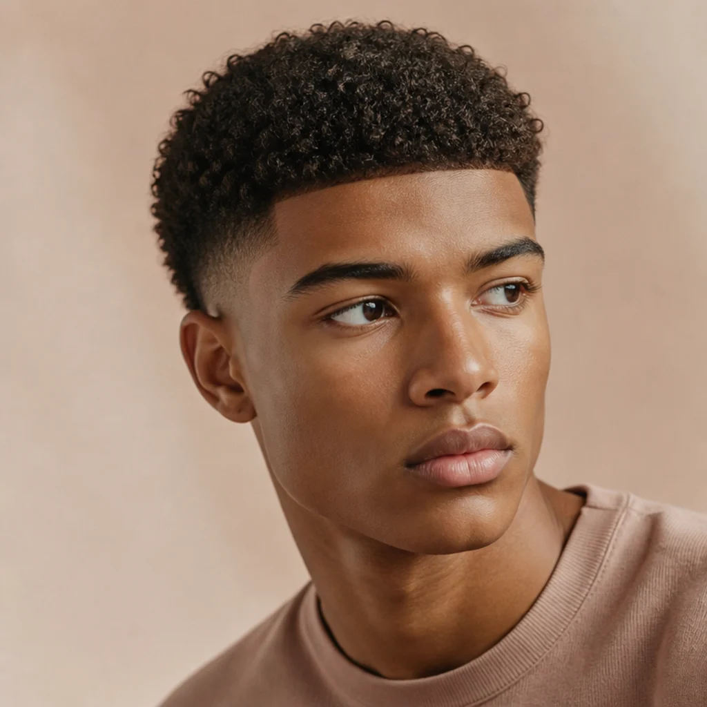 Curly edgar cut showing a defined blunt fringe cut dry for shrinkage with softly faded curly sides