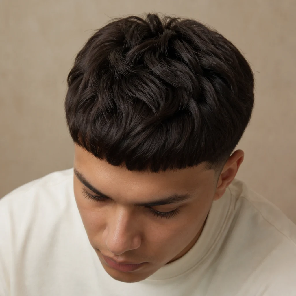 Overhead-forward view of an edgar cut with an inch or more of styleable length left on top above a squared blunt fringe