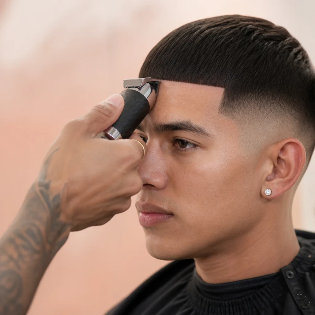 Barber squaring the blunt fringe line of an edgar cut with a trimmer during a two-week shape-up