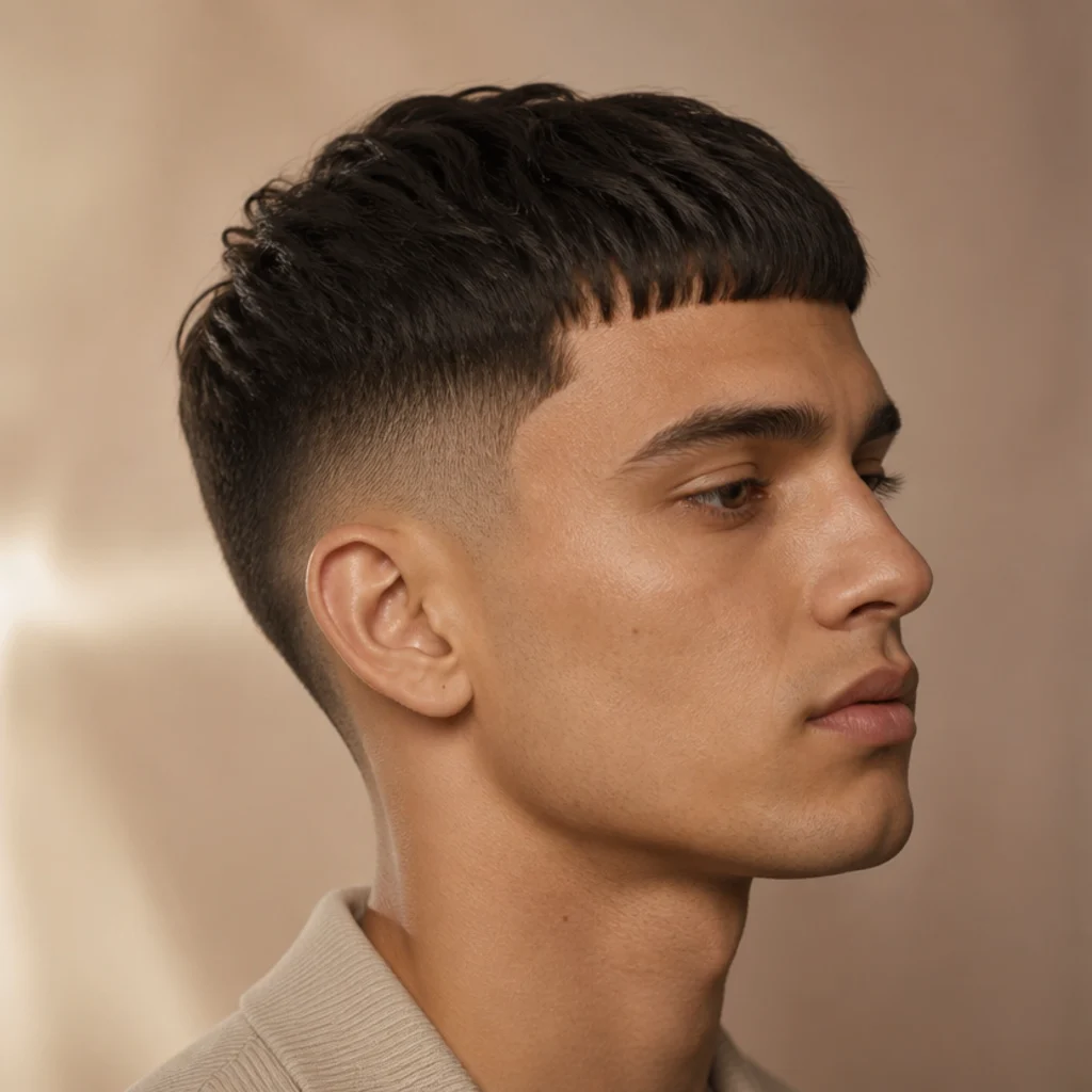 Side profile of a young man with a straight-hair edgar cut showing a blunt fringe and clean taper fade