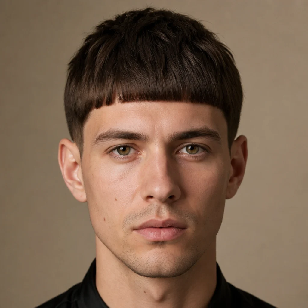 Front view of a man with a straight-haired classic edgar cut, a dense blunt fringe cut in one hard horizontal line above the brows over short scissor-cut sides, warm taupe background