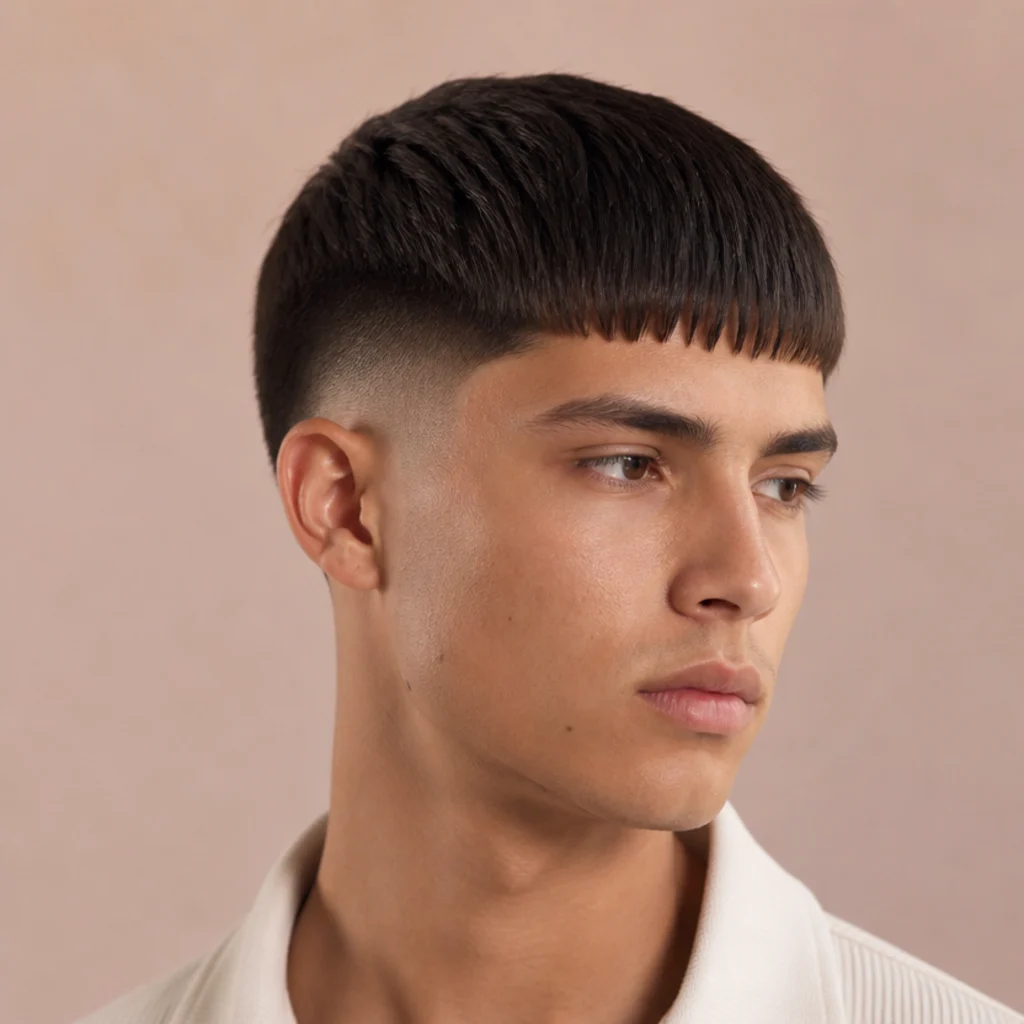 Three-quarter view of a straight-haired edgar cut with a clean mid fade blending from the temples down to skin, dense blunt fringe on top, muted blush background