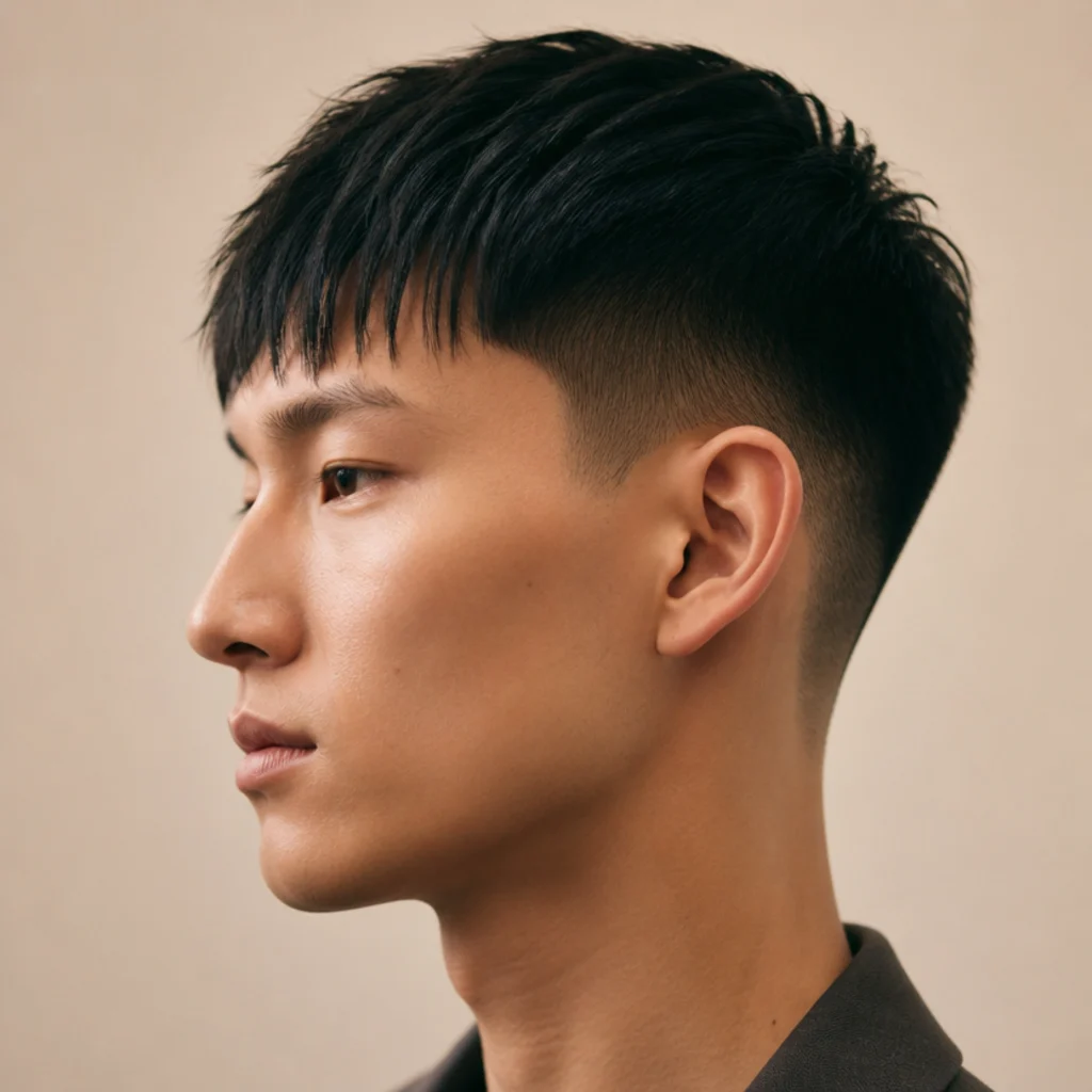 Side profile of a man with a straight edgar cut featuring a point-cut textured fringe that breaks into soft separated pieces, short faded sides, ivory studio background