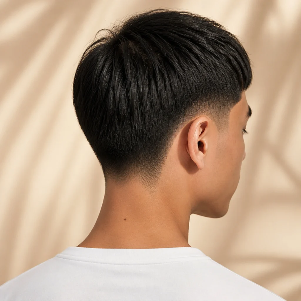 Back and side angle of a straight-haired edgar cut with a subtle low taper hugging the ears and neckline, dense flat top retaining side weight, warm ivory backdrop