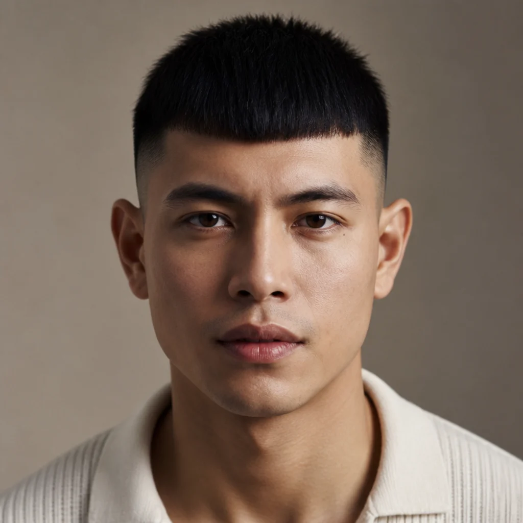 Front-facing straight edgar cut with very short high-and-tight sides taken up the head and a bold dense blunt fringe, high contrast, muted taupe background