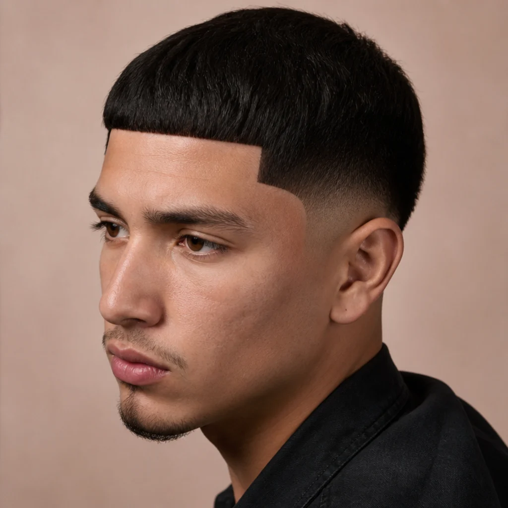 Three-quarter view of a straight edgar cut with a razor-sharp trimmer line-up along the fringe and temples forming a crisp square hairline, blush studio background