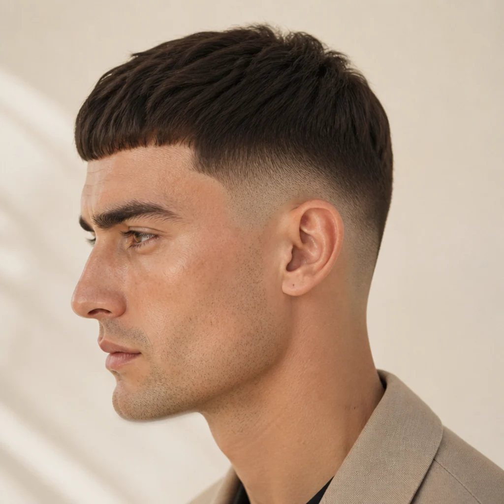 Side view of a short straight-haired edgar crop with a minimal higher fringe and cropped faded sides, low-maintenance shape, ivory background
