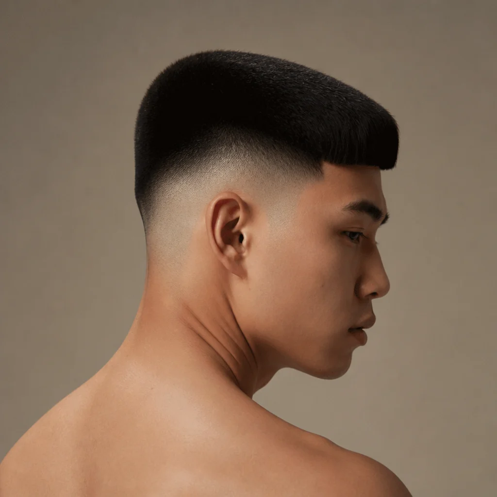 Back-three-quarter angle of a straight edgar cut with a bald skin fade rising from the neckline into a dense flat top, high contrast, taupe backdrop