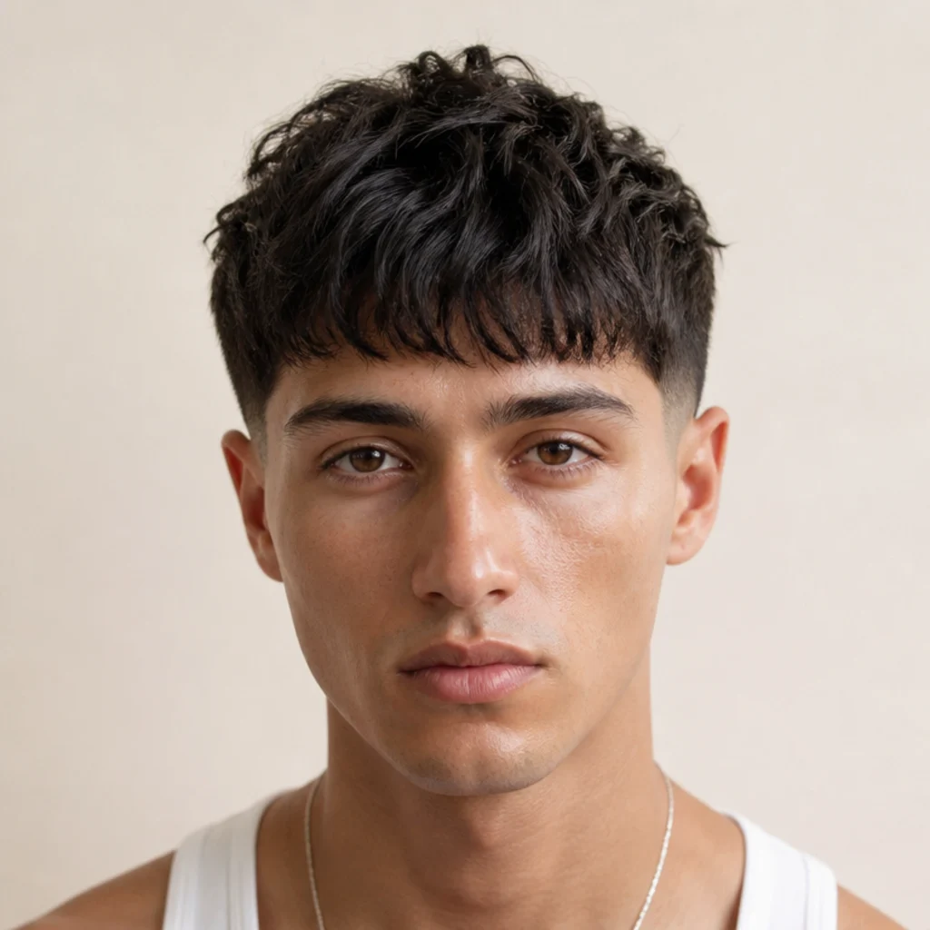 Front view of a straight edgar cut styled with tousled piecey texture across the fringe over a soft mid fade, relaxed lived-in finish, warm ivory background