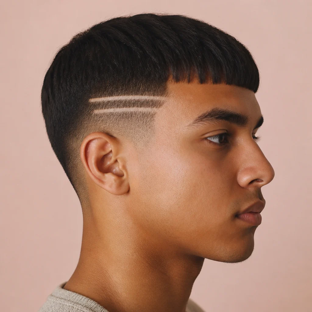 Side profile of a straight edgar cut with two parallel shaved design lines etched into the faded side just above the temple, graphic detail, muted blush background