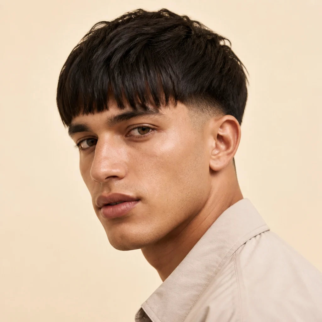 Three-quarter view of a straight edgar cut with an extended blunt fringe reaching the eyebrows over a fuller top and soft low fade, ivory studio background