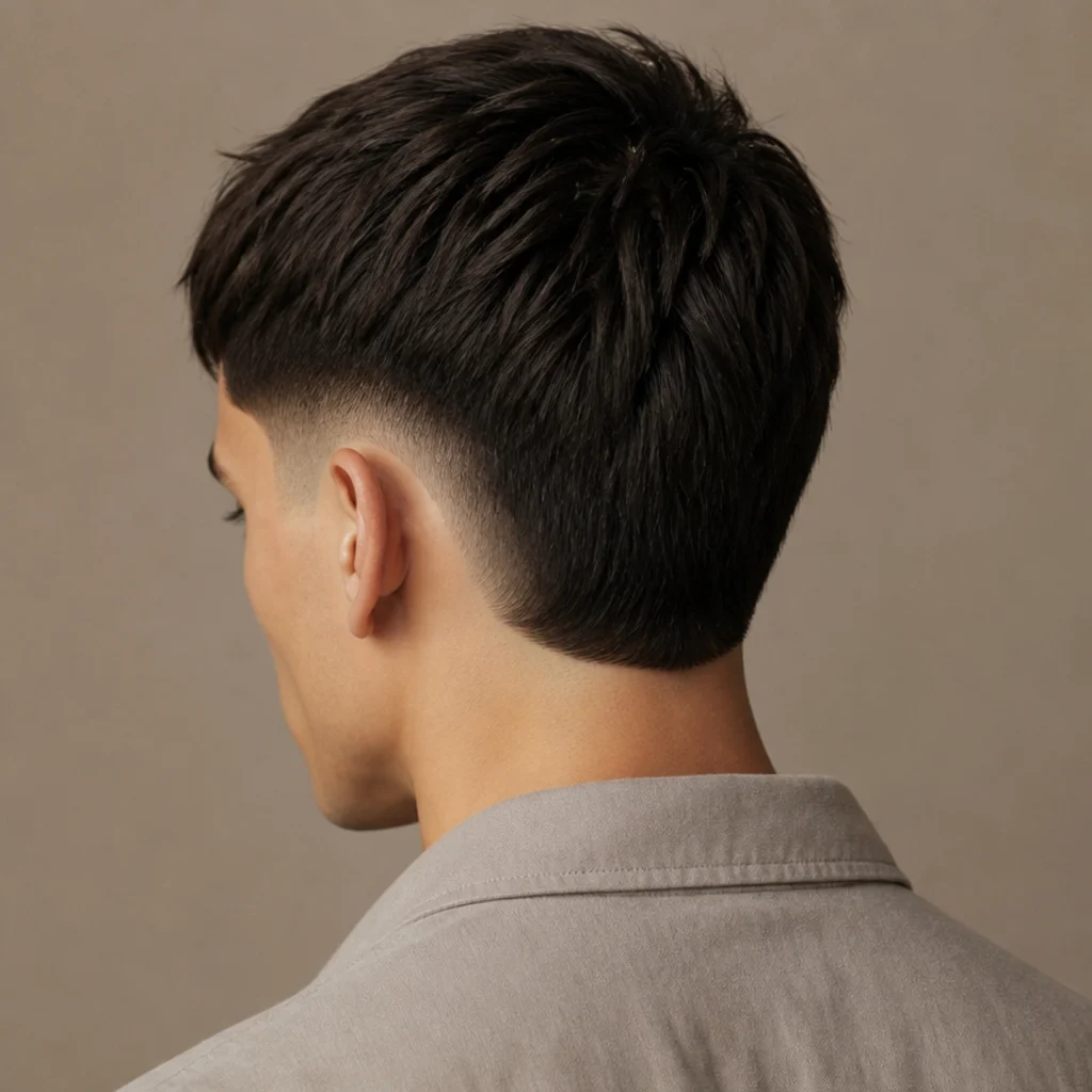 Back view of a straight edgar cut with a burst fade curving in a semicircle around the ear and a textured blunt fringe on top, balanced rounded contrast, taupe background