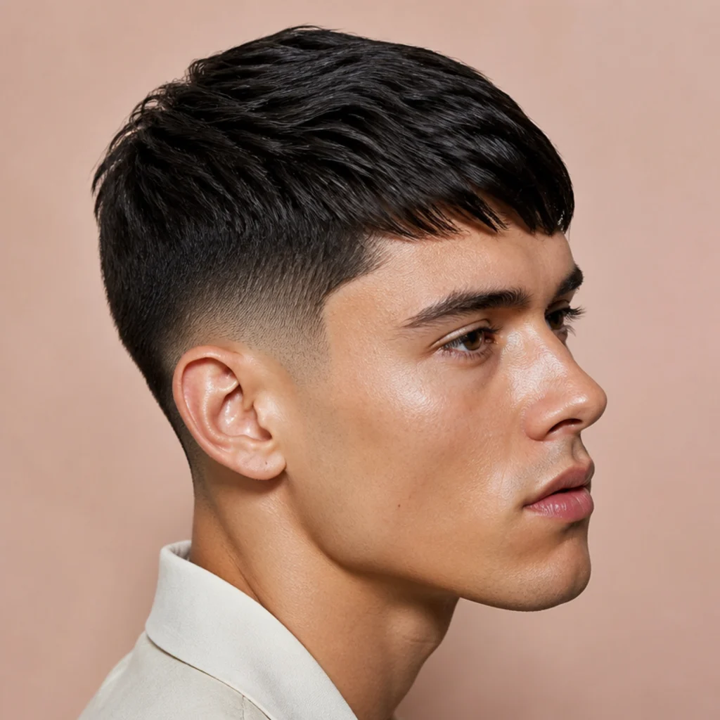 Side view of a straight edgar cut with the fringe styled into a subtle diagonal comb-over across the forehead over a defined mid fade, warm blush background