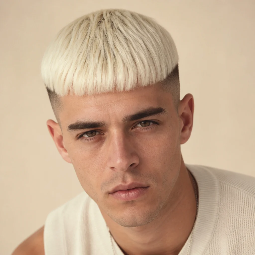 Front view of a straight edgar cut dyed platinum blond with a bold blunt fringe over a skin fade, high-fashion editorial color, muted ivory background