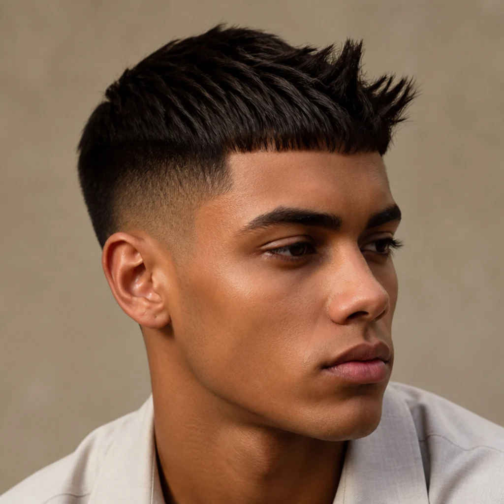 Three-quarter view of a straight edgar cut with the front edge styled into short upward spikes for lift, textured fringe over a clean low fade, taupe background