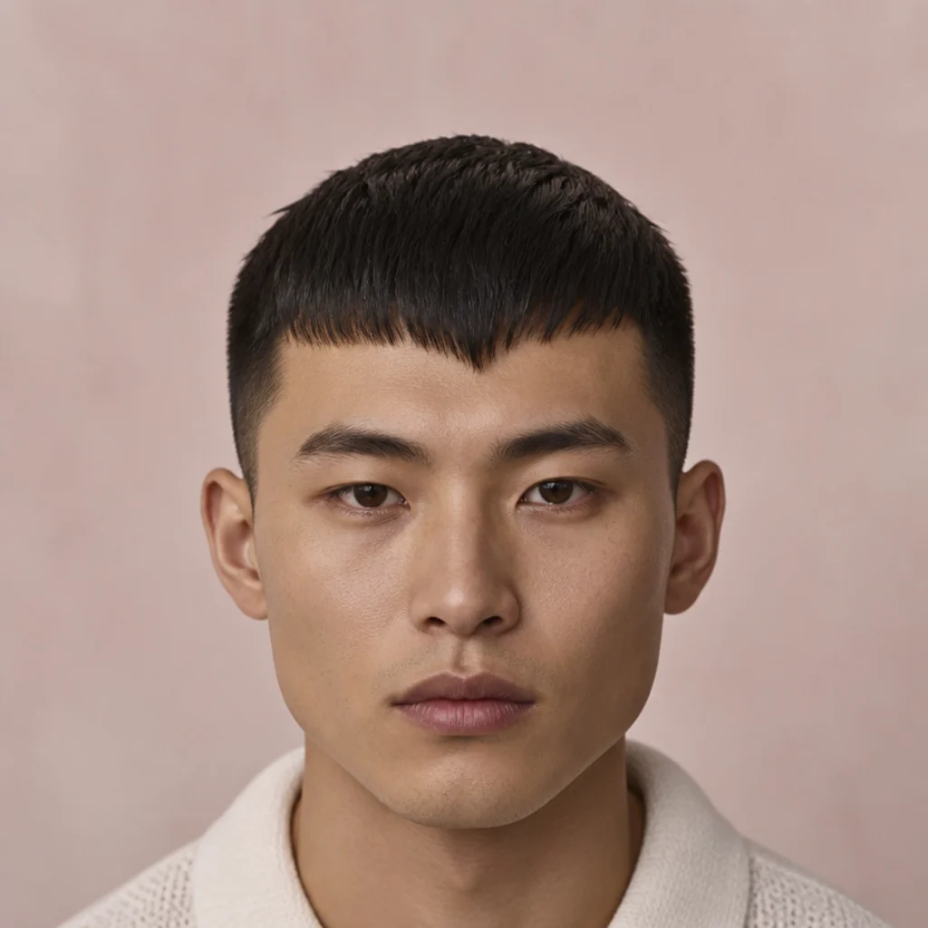 Front view of a straight edgar cut with a gently V-shaped fringe dipping slightly at the center for soft symmetry, blush studio background