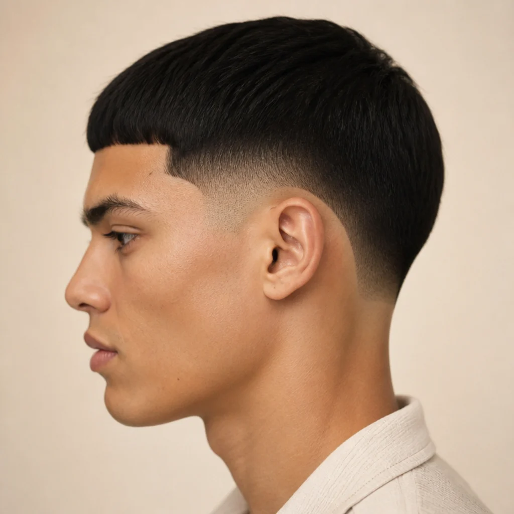 Side profile of a straight edgar cut with a drop fade arcing low behind the ear toward the nape, blunt fringe on top, warm ivory background