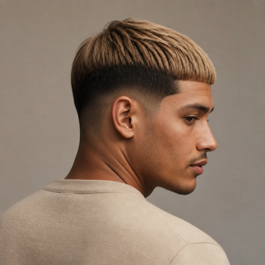 Back-three-quarter view of a straight edgar cut with a darker faded base and lighter caramel top for two-tone contrast, muted taupe background