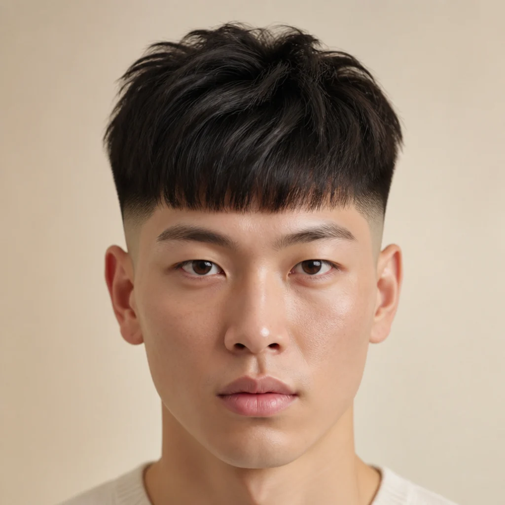 Front view of a straight edgar cut with added root volume lifting a fuller crown, blunt fringe over a defined mid fade, ivory studio background