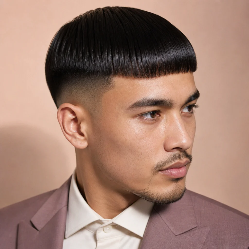 Three-quarter view of a polished straight edgar cut laid perfectly flat and smooth with a glossy blunt fringe for a refined finish, blush background