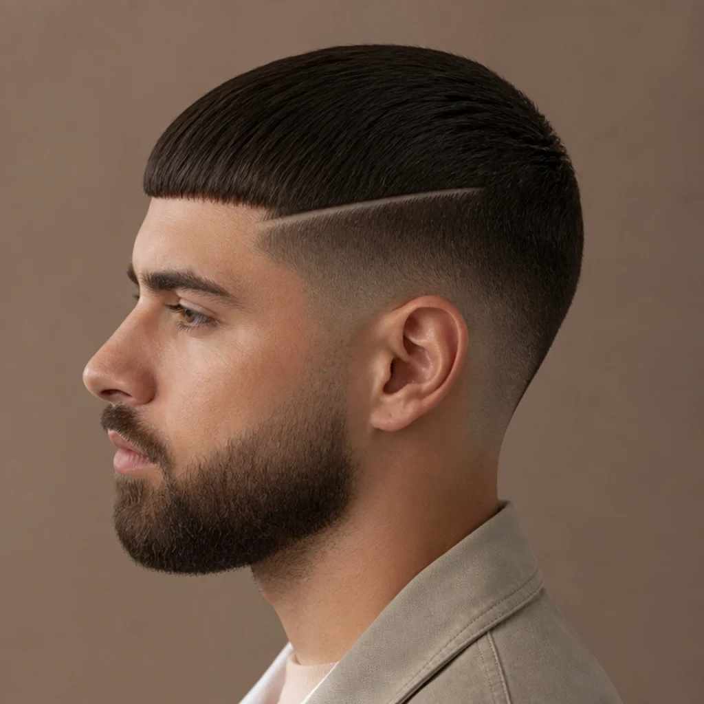 Side view of a straight edgar cut with a razored hard part line carved into the fade beside the fringe creating a defined division, taupe background