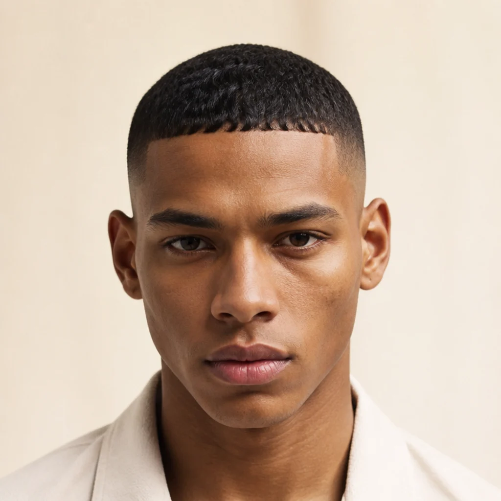 Front view of a very short micro edgar cut with a compact blunt fringe high on the forehead above a tight skin fade, minimal length, ivory background