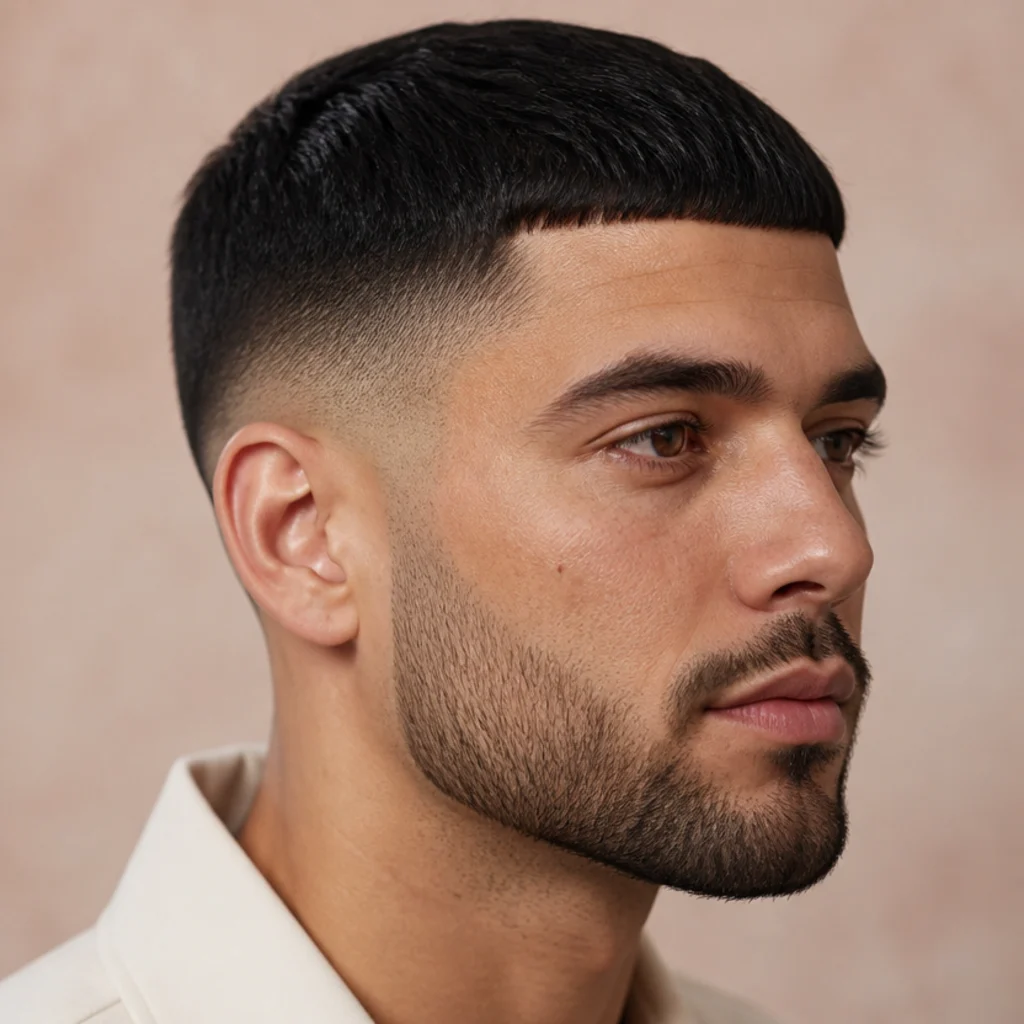 Three-quarter view of a straight edgar cut whose skin fade connects into a short faded beard, forming one line, warm blush background