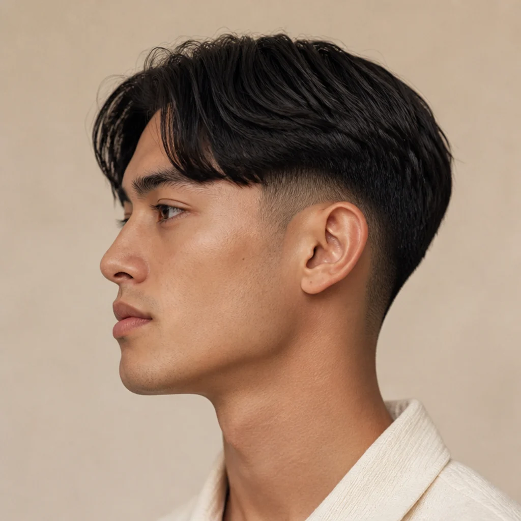 Side profile of a straight edgar-curtain hybrid with a middle-parted fringe softened at the center over faded sides, modern blend, muted ivory background