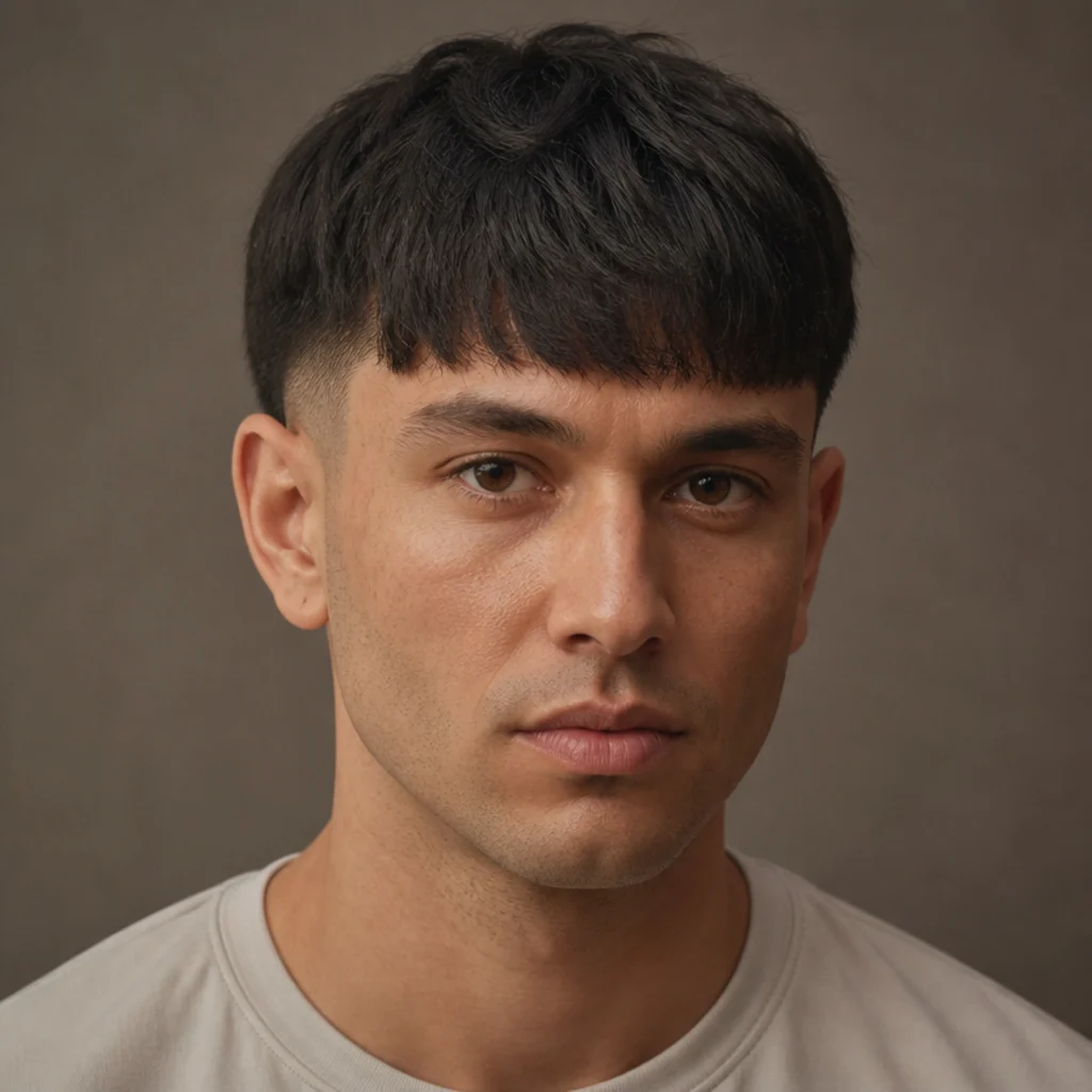 Front view of a longer grown-out straight edgar cut with a fuller relaxed fringe over a softened low fade, transitional shape, taupe studio background