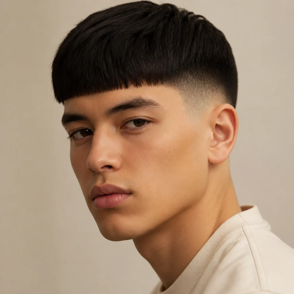 Three-quarter studio portrait of a man with a straight-haired edgar cut, blunt forehead fringe, and clean mid fade against a warm ivory background