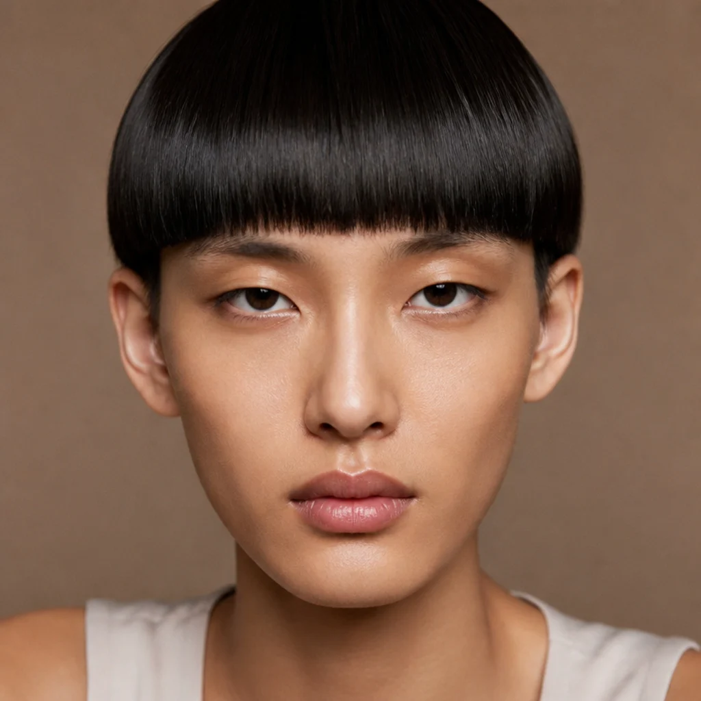 Front-facing studio portrait of a straight-haired model with a blunt horizontal fringe and squared corners, matte finish