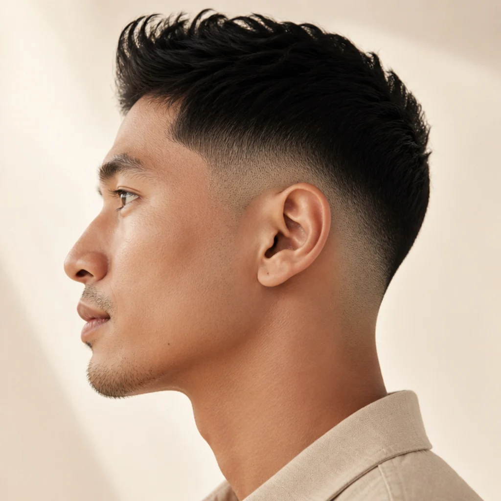 Side-profile studio portrait showing a gradual taper fade from longer top to skin near the neckline, soft blended gradient