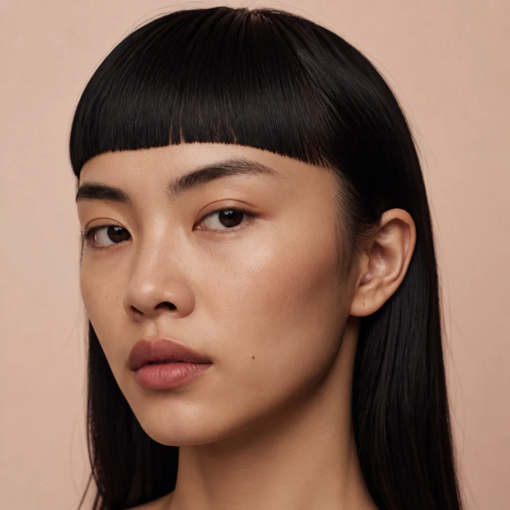 Three-quarter studio portrait of a model with sleek straight dark hair styled into a dense blunt edgar fringe, smooth matte texture