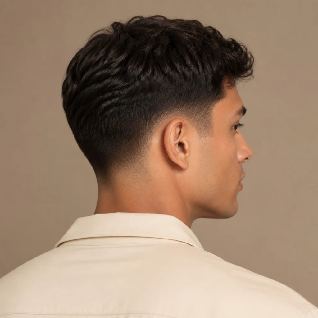 Back-angle studio portrait of a short low taper fade dropping just above the neckline, clean subtle gradient on dark hair
