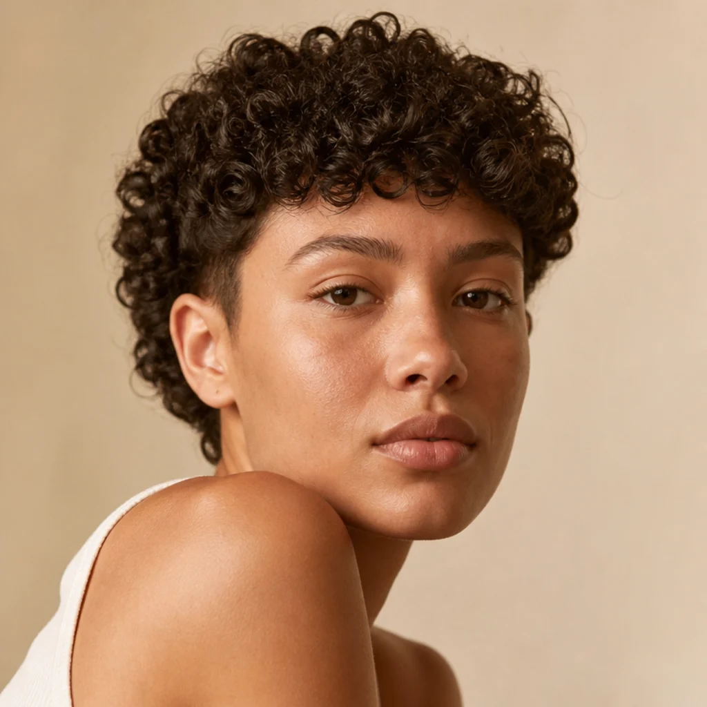 Three-quarter studio portrait of a model with tight curls shaped into a curly edgar cut with a defined blunt front, natural coil texture