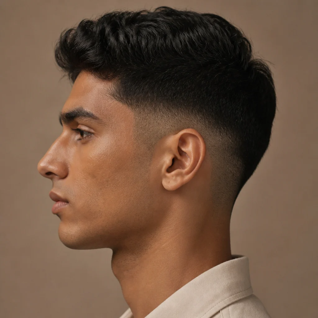 Side-profile studio portrait of a mid taper fade beginning around the temple, balanced gradient blending into short sides on dark hair