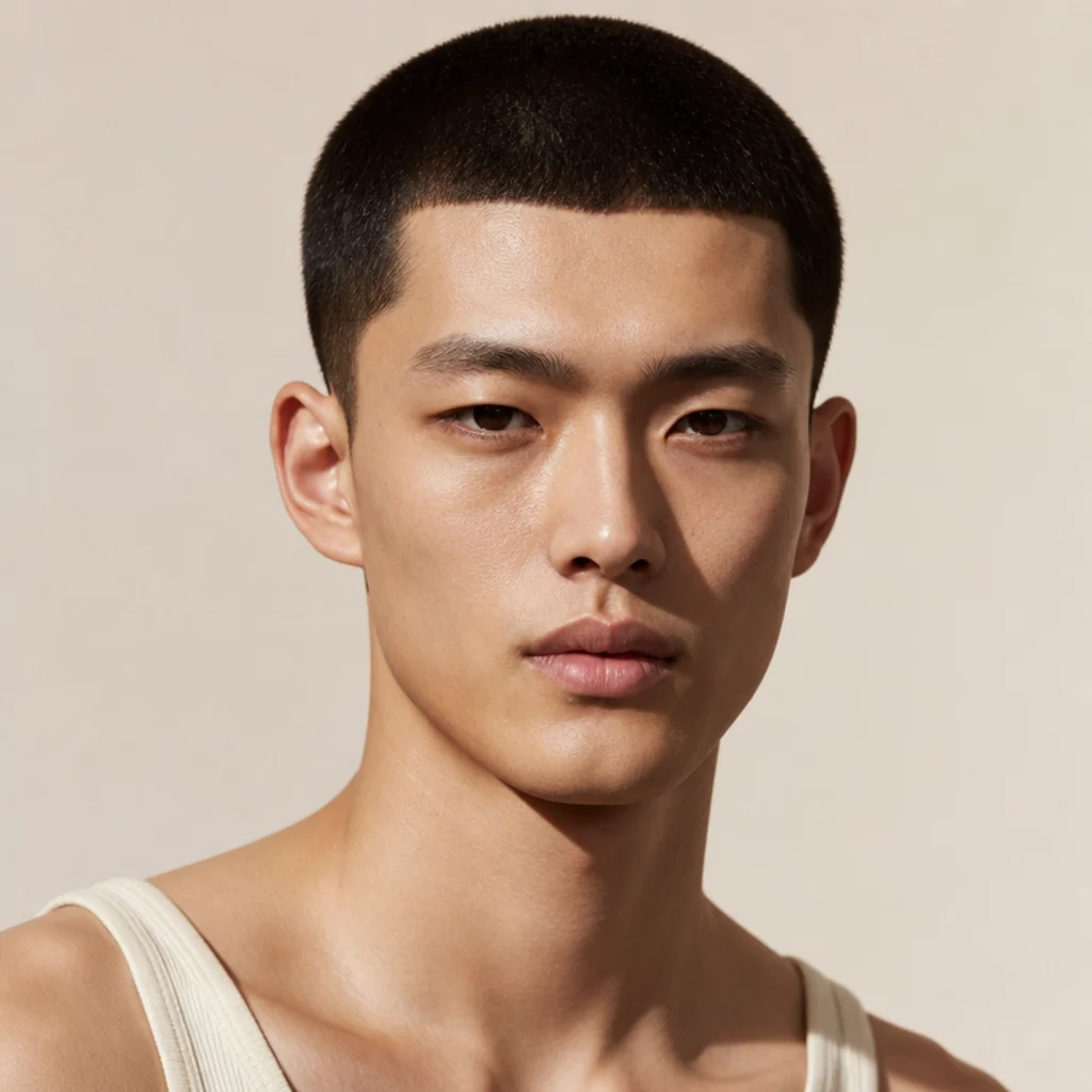 Front-facing studio portrait of an edgar buzz cut with uniformly short top and a blunt straight front line, matte low-maintenance finish