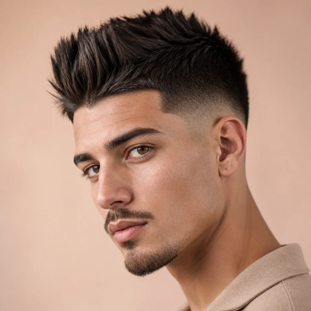 Three-quarter studio portrait of a high taper fade climbing toward the crown with bold contrast, tight gradient down to skin on dark hair
