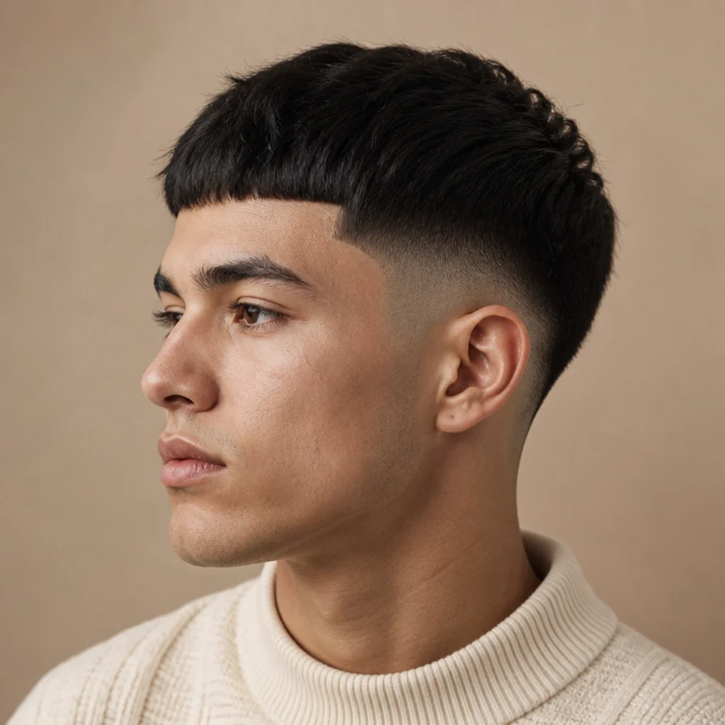 Side-profile studio portrait of an edgar cut taper fade combining a blunt front line with a soft faded perimeter, dark hair, clean blend